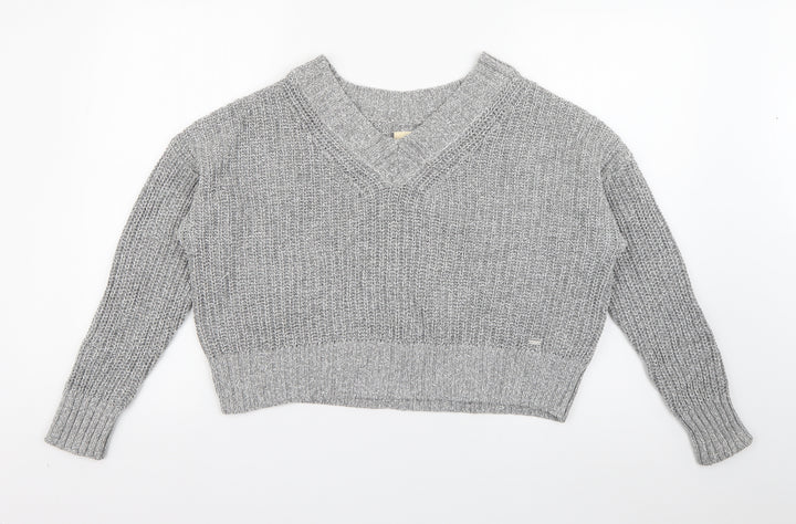 Hollister Womens Grey V-Neck  Cotton Pullover Jumper Size S