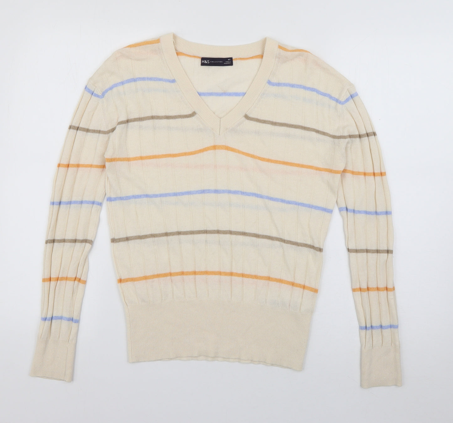 Marks and Spencer Womens Ivory V-Neck Striped Viscose Pullover Jumper Size XS