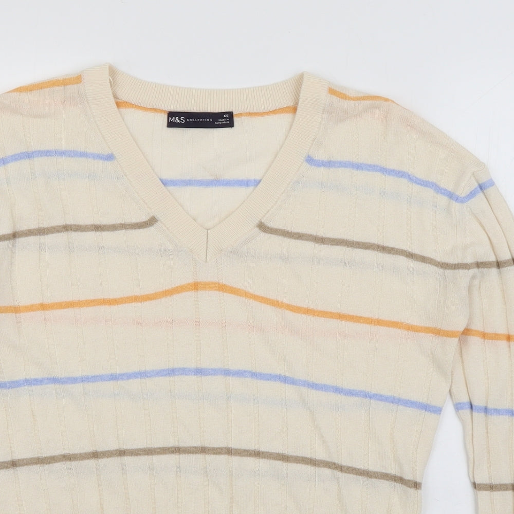 Marks and Spencer Womens Ivory V-Neck Striped Viscose Pullover Jumper Size XS