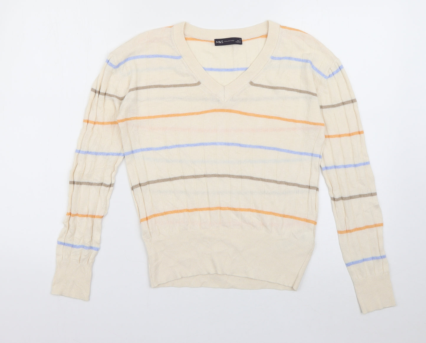 Marks and Spencer Womens Ivory V-Neck Striped Viscose Pullover Jumper Size S