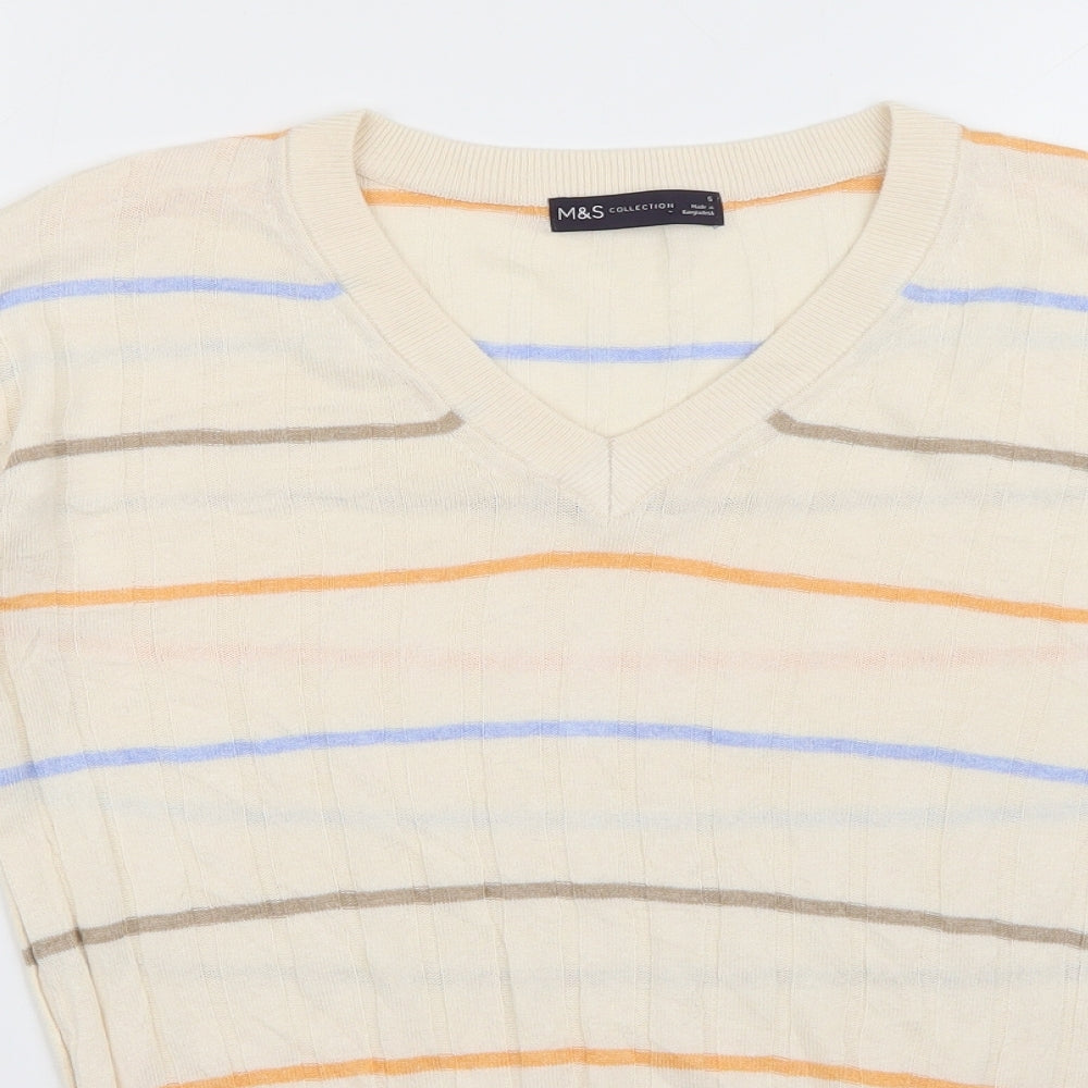 Marks and Spencer Womens Ivory V-Neck Striped Viscose Pullover Jumper Size S