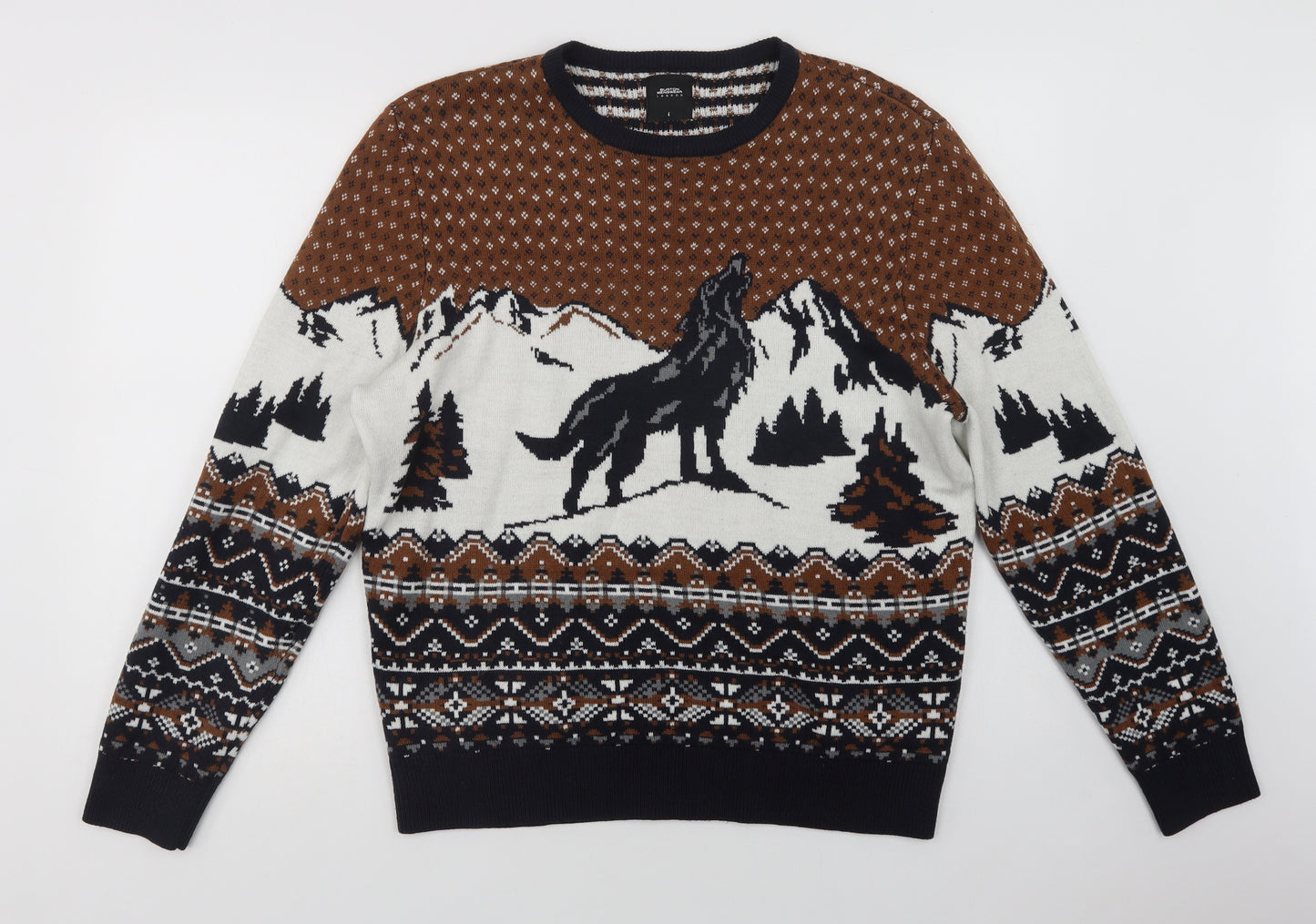 Burton Mens Brown Crew Neck Fair Isle Acrylic Pullover Jumper Size L   - Wolf
