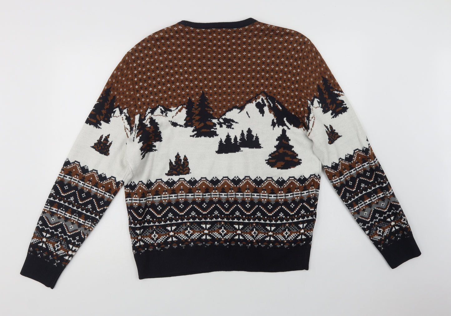 Burton Mens Brown Crew Neck Fair Isle Acrylic Pullover Jumper Size L   - Wolf