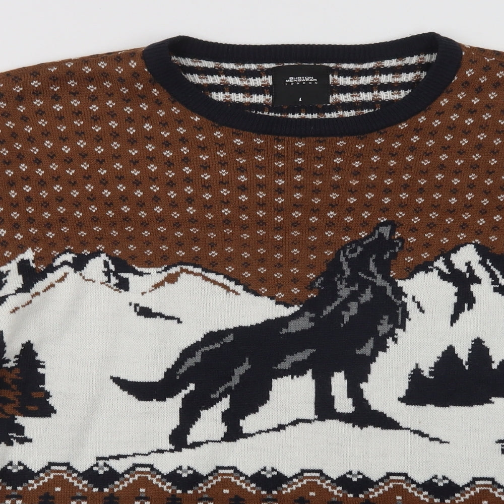 Burton Mens Brown Crew Neck Fair Isle Acrylic Pullover Jumper Size L   - Wolf