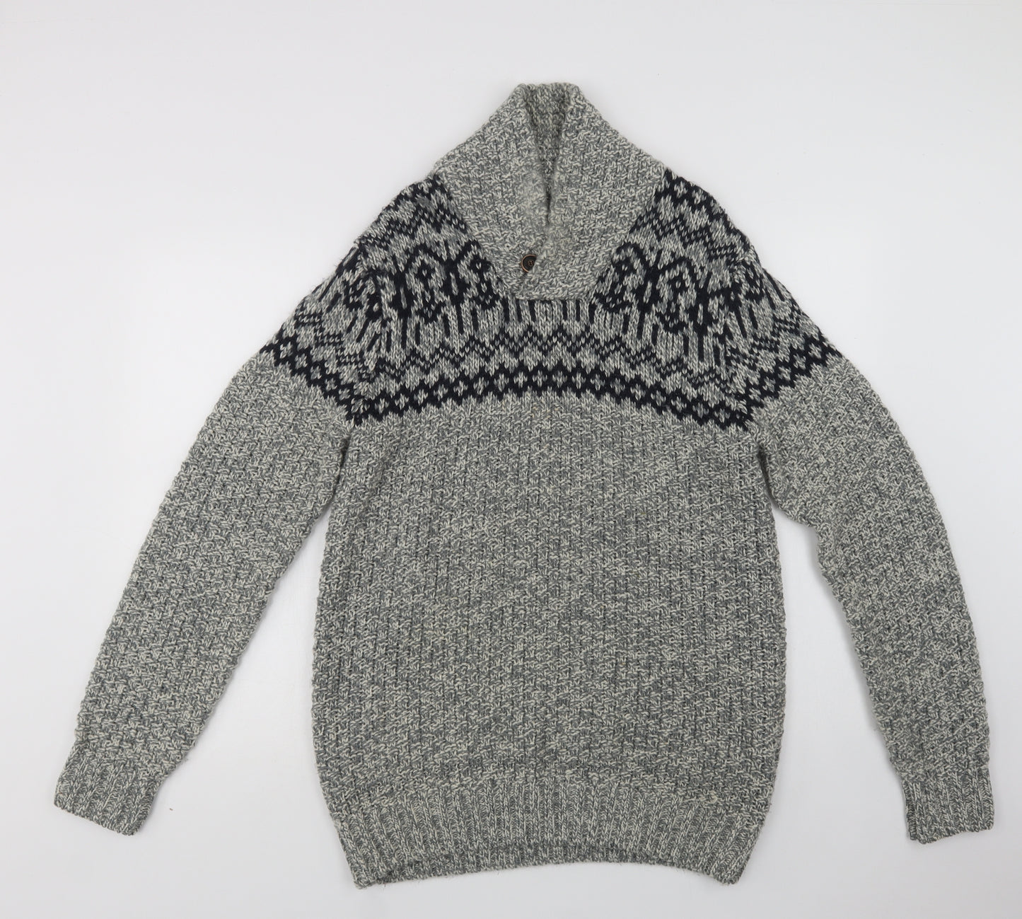 Joe Br Mens Grey Collared Fair Isle Acrylic Pullover Jumper Size M