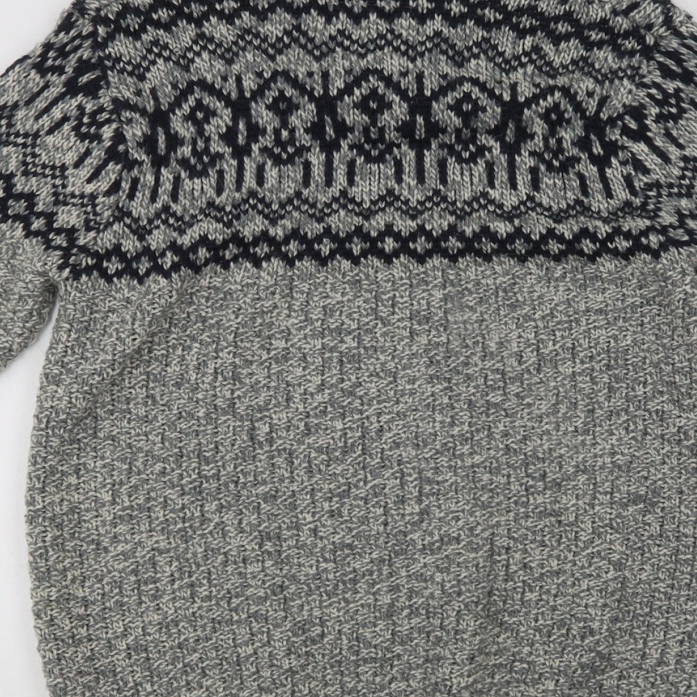 Joe Br Mens Grey Collared Fair Isle Acrylic Pullover Jumper Size M
