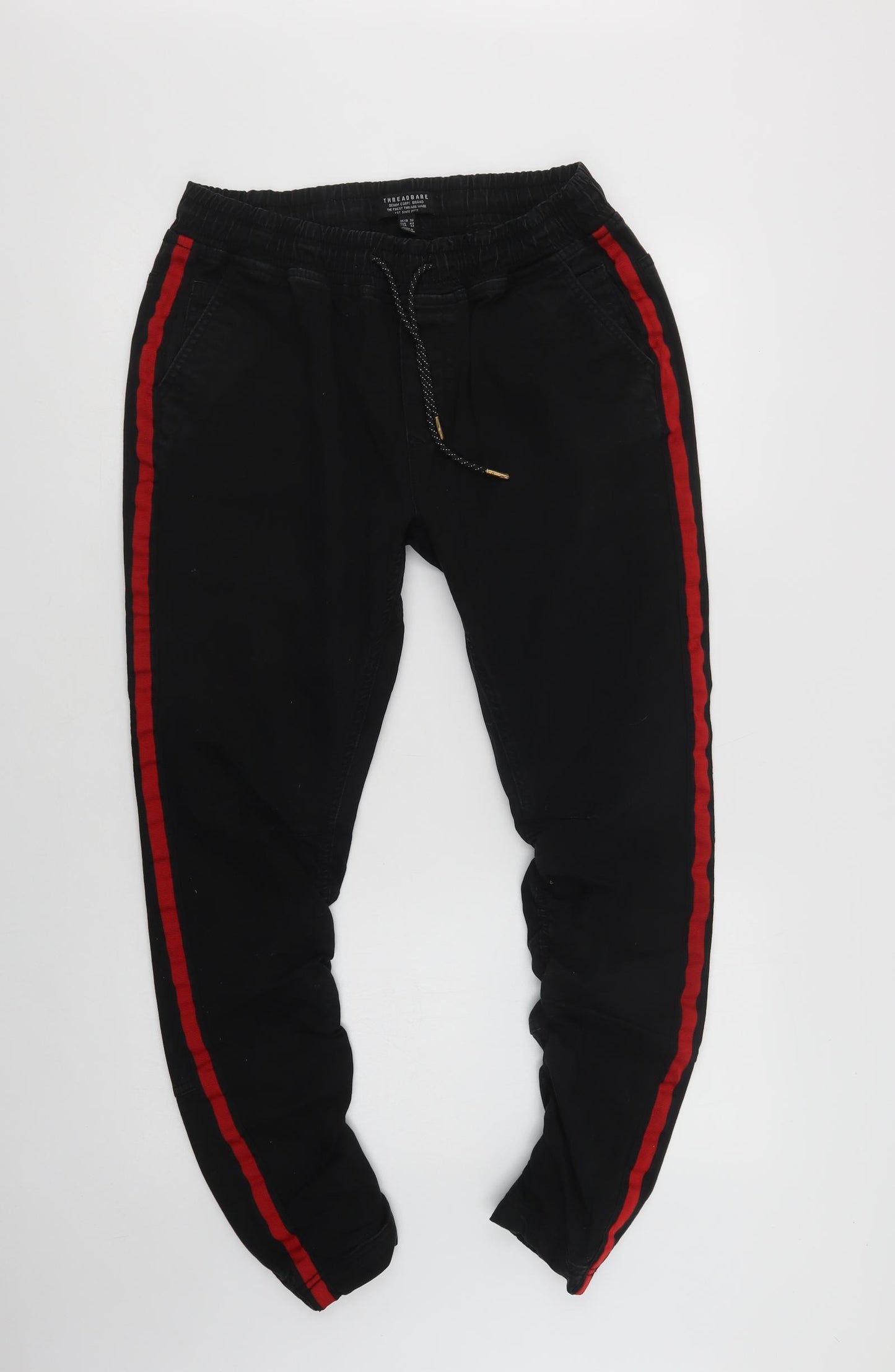 Threadbare Mens Black  Cotton Jogger Trousers Size 32 L31 in Regular Drawstring - Side Stripe