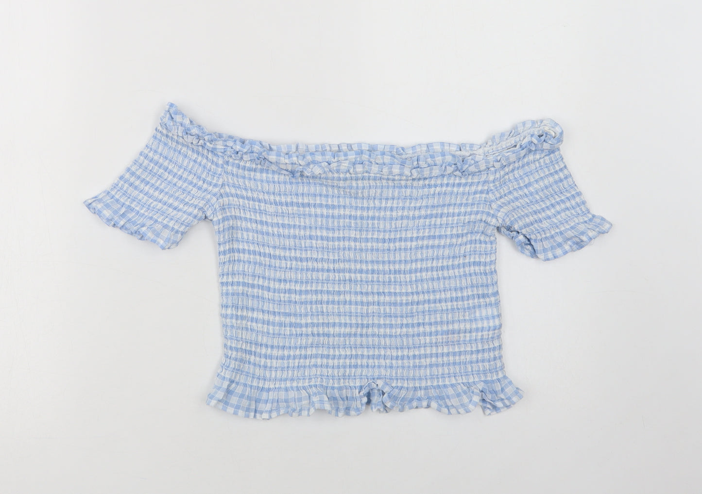 Miss Selfridge Womens Blue Check Cotton Cropped Blouse Size 10 Square Neck