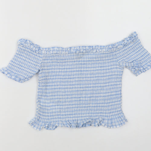 Miss Selfridge Womens Blue Check Cotton Cropped Blouse Size 10 Square Neck