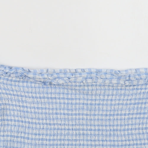 Miss Selfridge Womens Blue Check Cotton Cropped Blouse Size 10 Square Neck