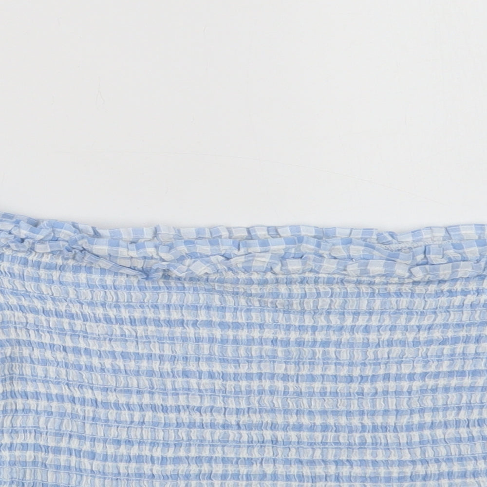 Miss Selfridge Womens Blue Check Cotton Cropped Blouse Size 10 Square Neck