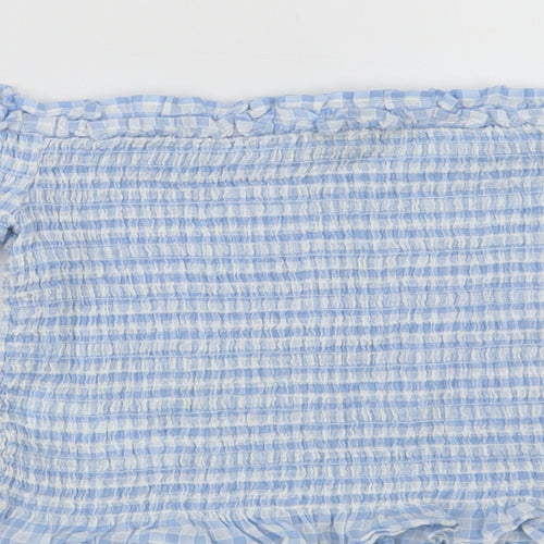 Miss Selfridge Womens Blue Check Cotton Cropped Blouse Size 10 Square Neck