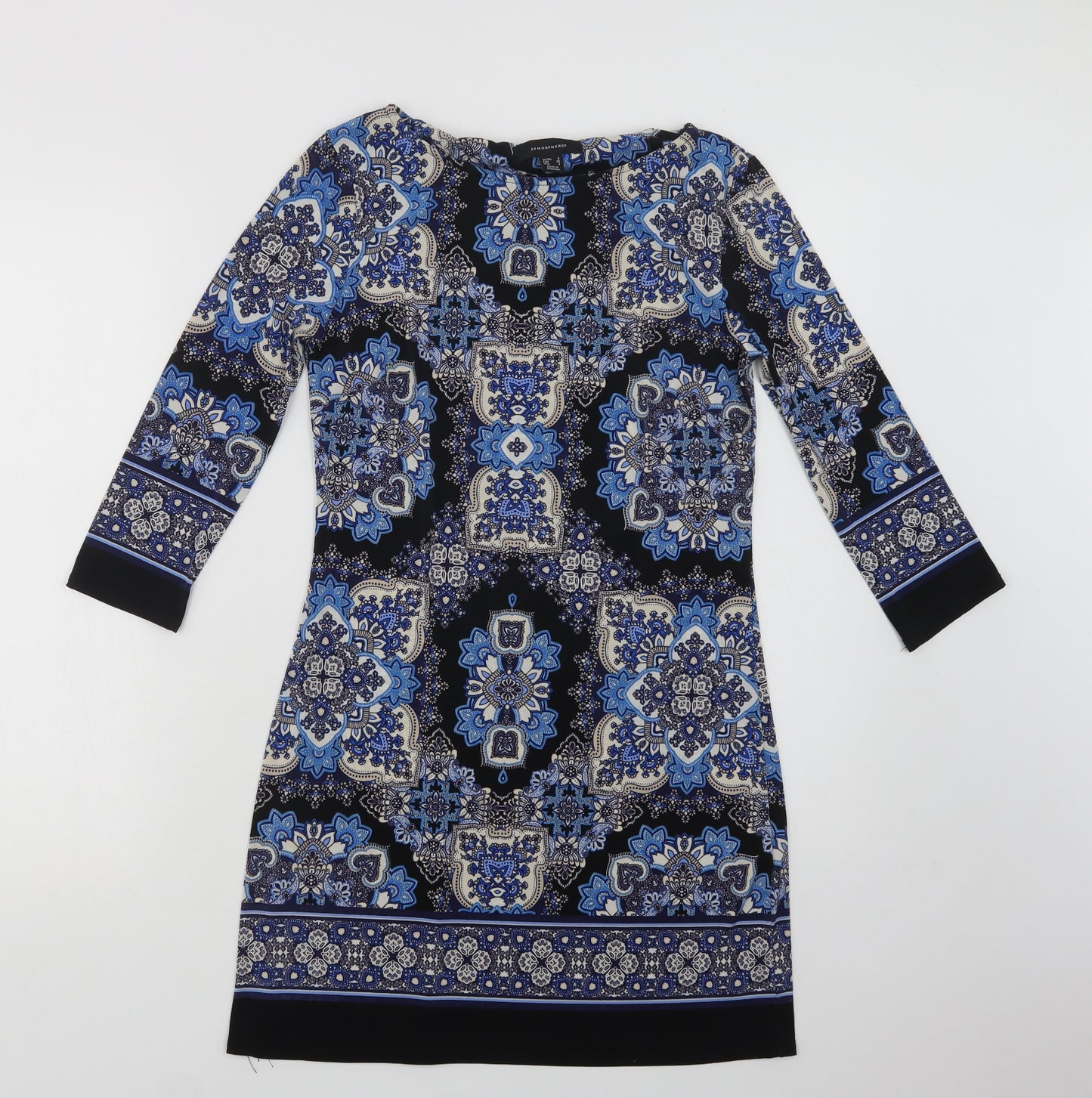Primark Womens Blue Paisley Polyester A-Line  Size 8  Round Neck