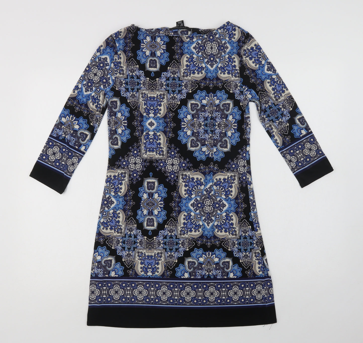 Primark Womens Blue Paisley Polyester A-Line  Size 8  Round Neck