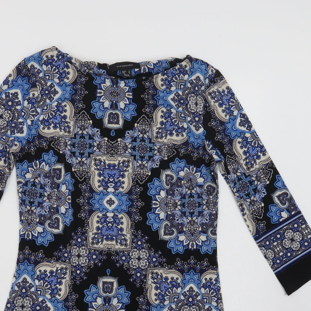 Primark Womens Blue Paisley Polyester A-Line  Size 8  Round Neck