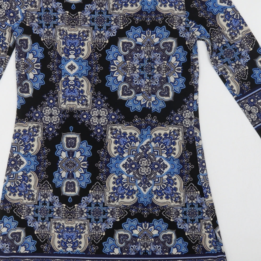 Primark Womens Blue Paisley Polyester A-Line  Size 8  Round Neck