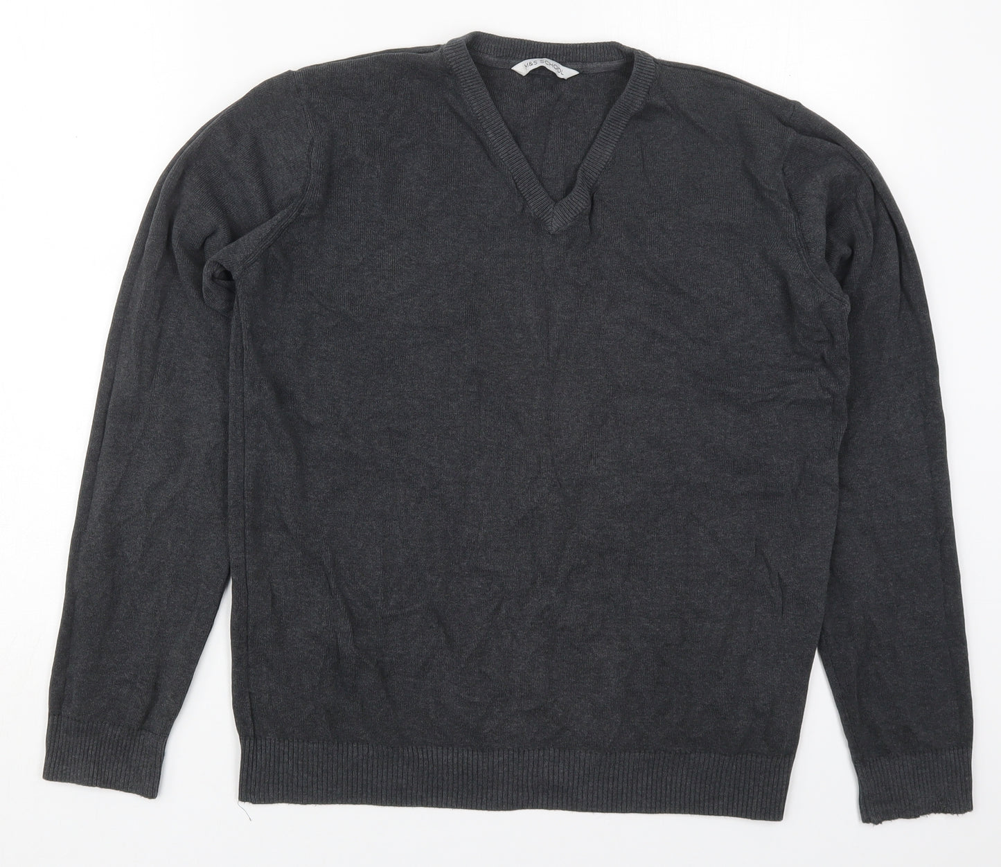 Marks and Spencer Boys Grey V-Neck  Cotton Pullover Jumper Size 15-16 Years  Pullover