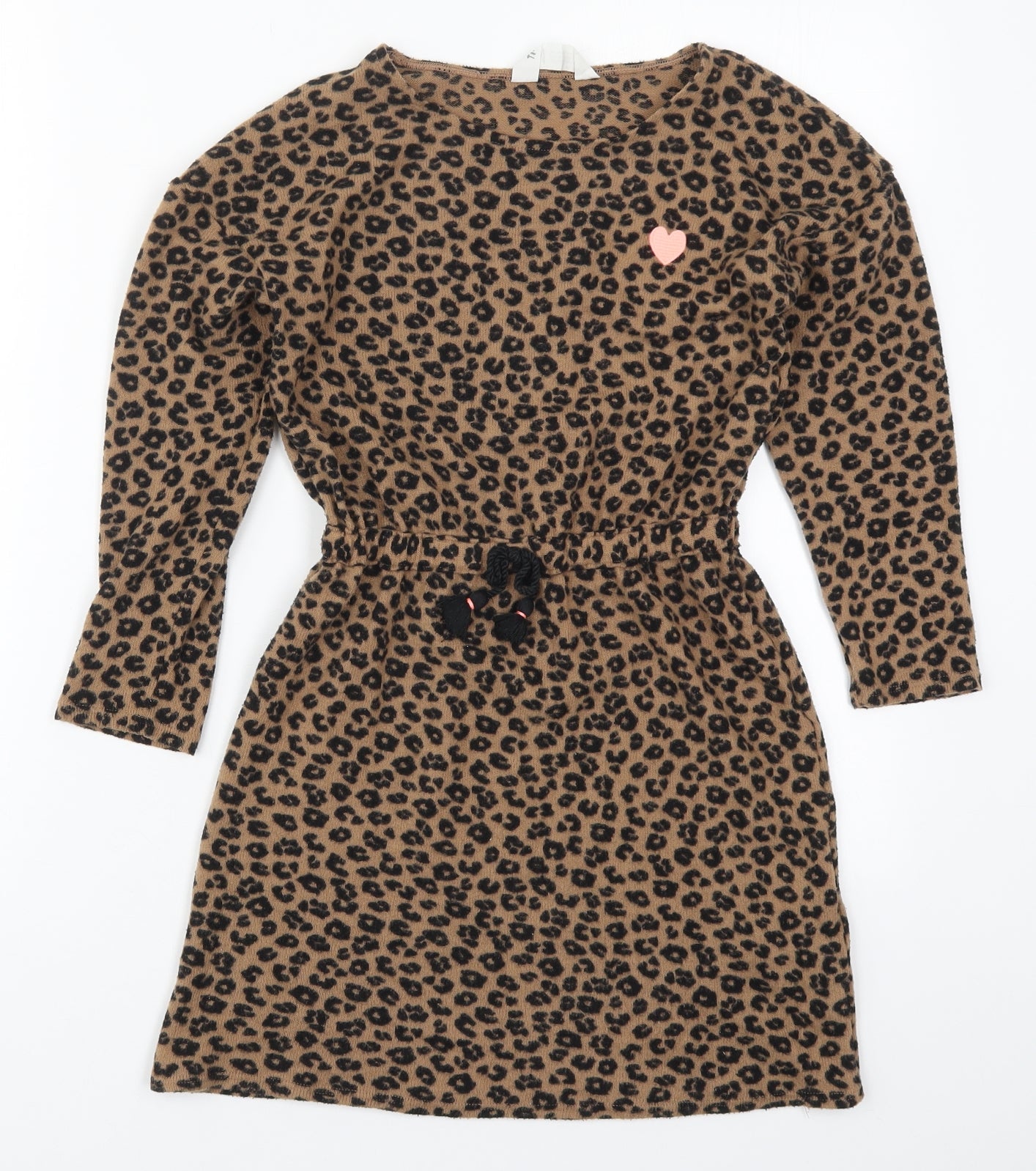 H&M Girls Brown Animal Print Polyester Skater Dress  Size 7-8 Years  Round Neck Pullover - Heart