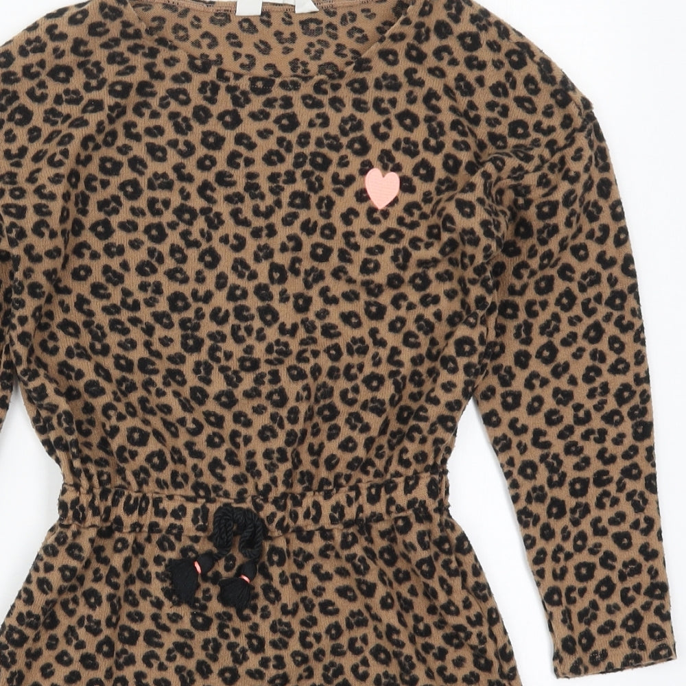 H&M Girls Brown Animal Print Polyester Skater Dress  Size 7-8 Years  Round Neck Pullover - Heart