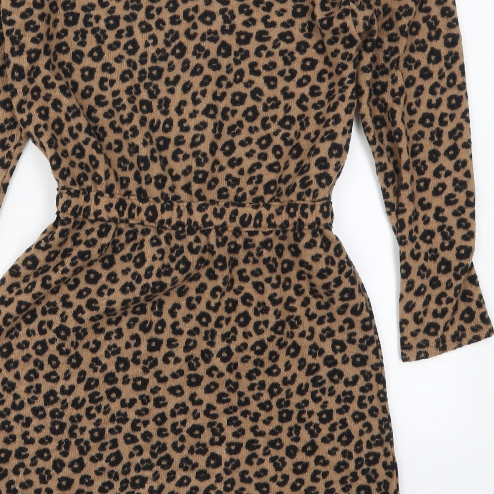 H&M Girls Brown Animal Print Polyester Skater Dress  Size 7-8 Years  Round Neck Pullover - Heart
