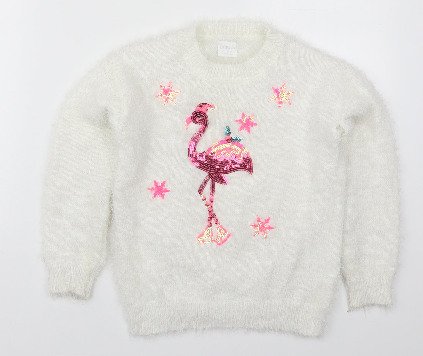F&F Girls White Round Neck  Polyester Pullover Jumper Size 6-7 Years  Pullover - Flamingo