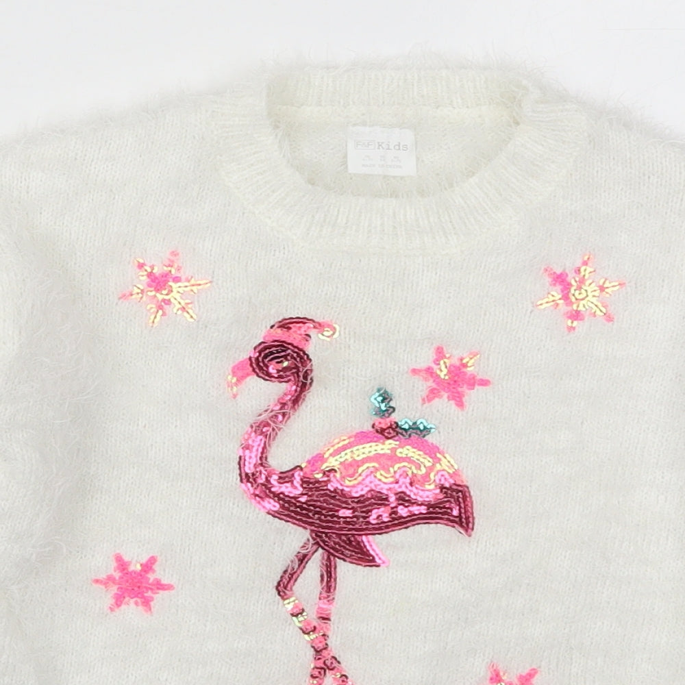 F&F Girls White Round Neck  Polyester Pullover Jumper Size 6-7 Years  Pullover - Flamingo