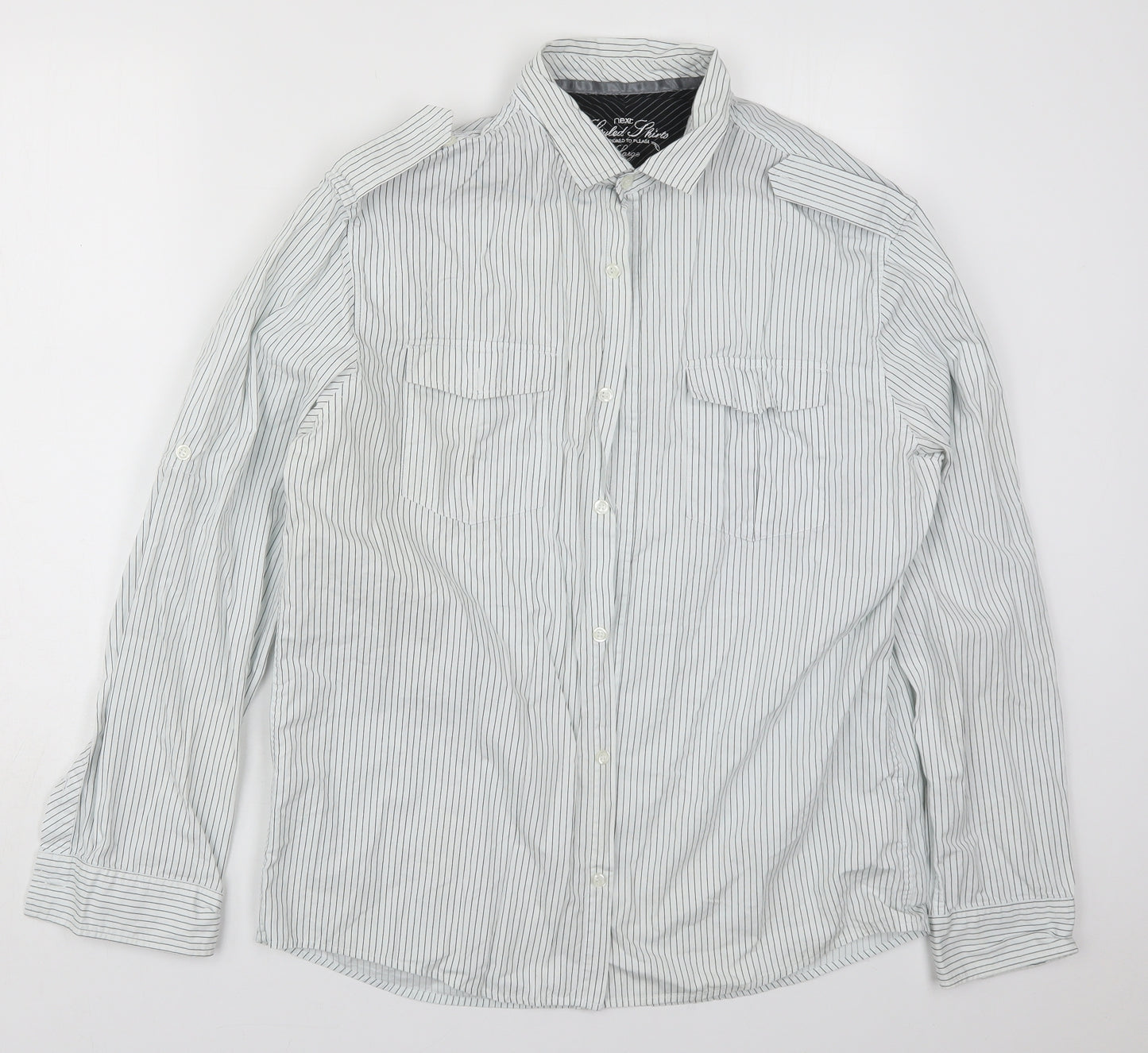 NEXT Mens White Striped Cotton  Button-Up Size L Collared Button