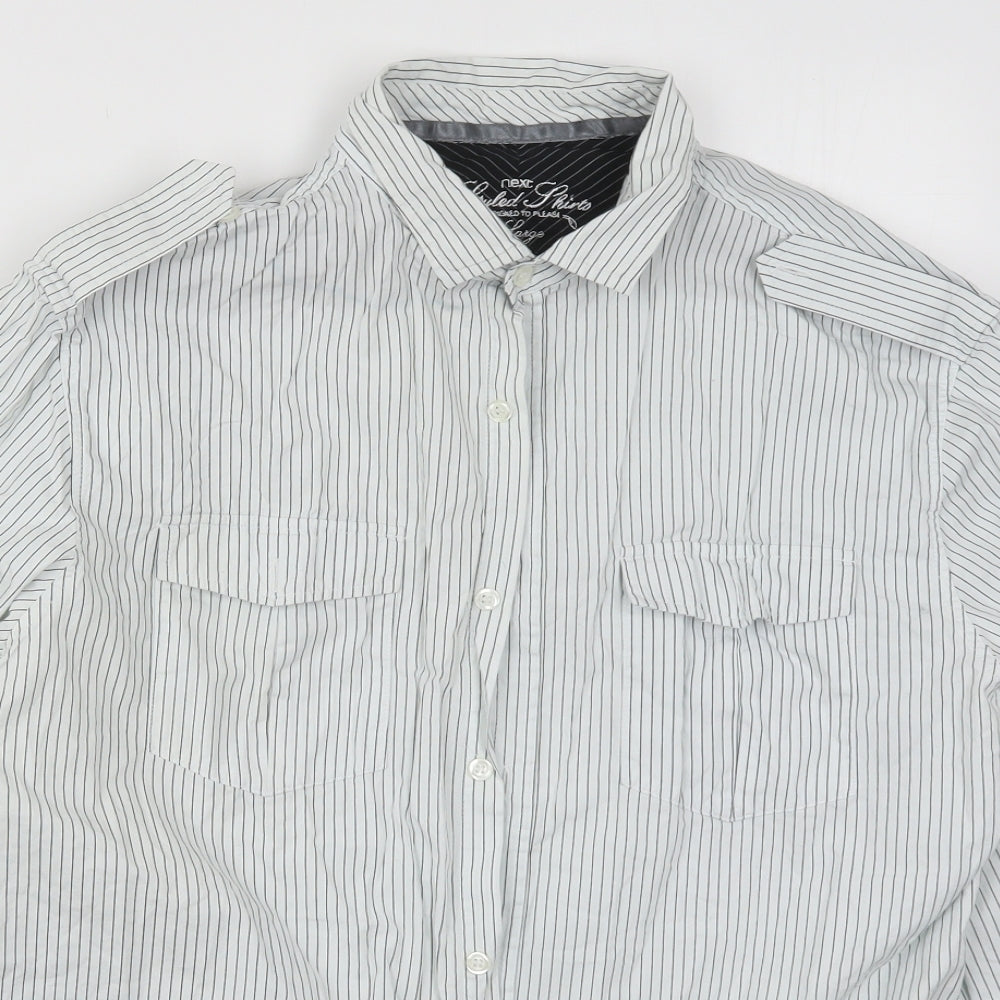 NEXT Mens White Striped Cotton  Button-Up Size L Collared Button