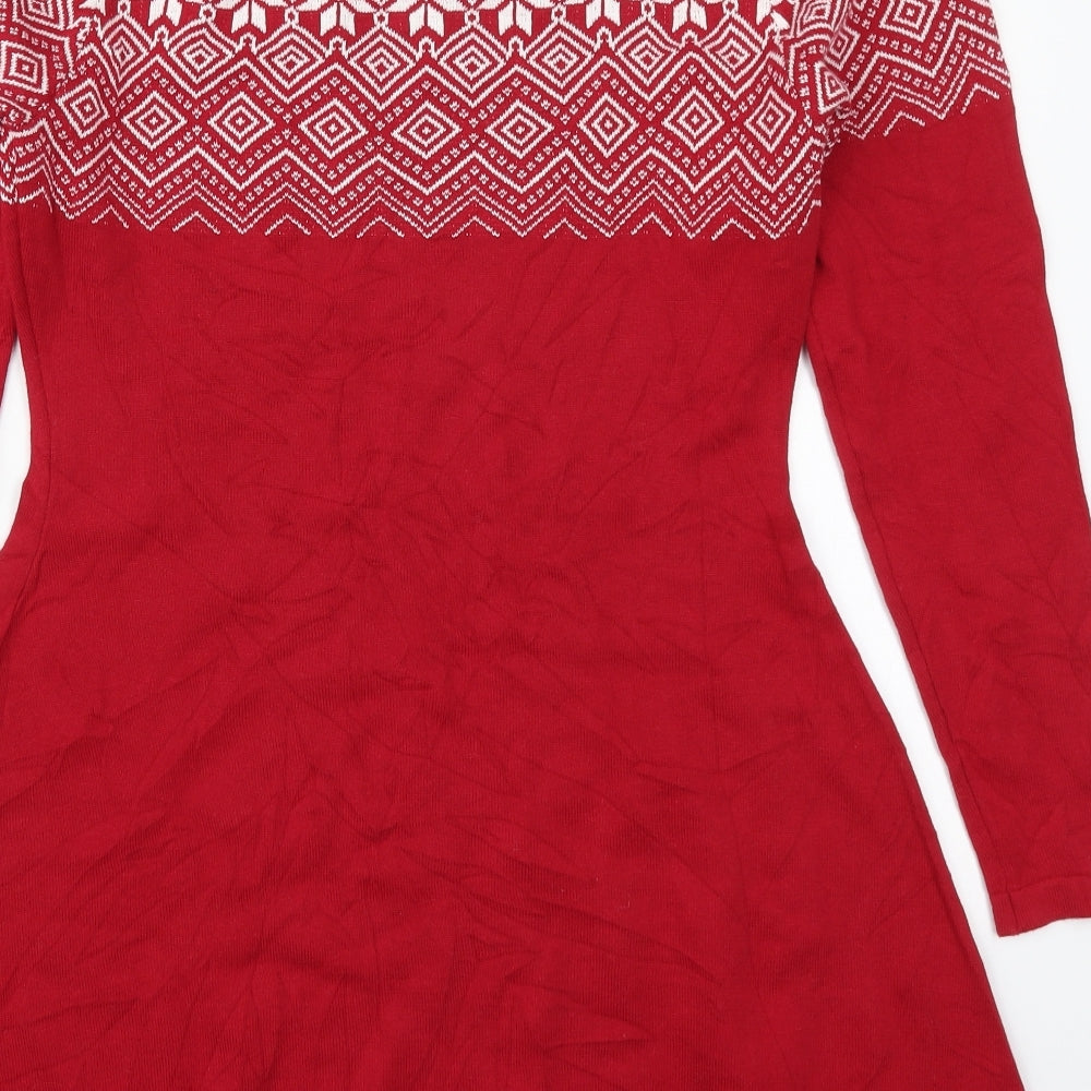 Meameor Womens Red Geometric Acrylic Jumper Dress  Size M  Round Neck Pullover