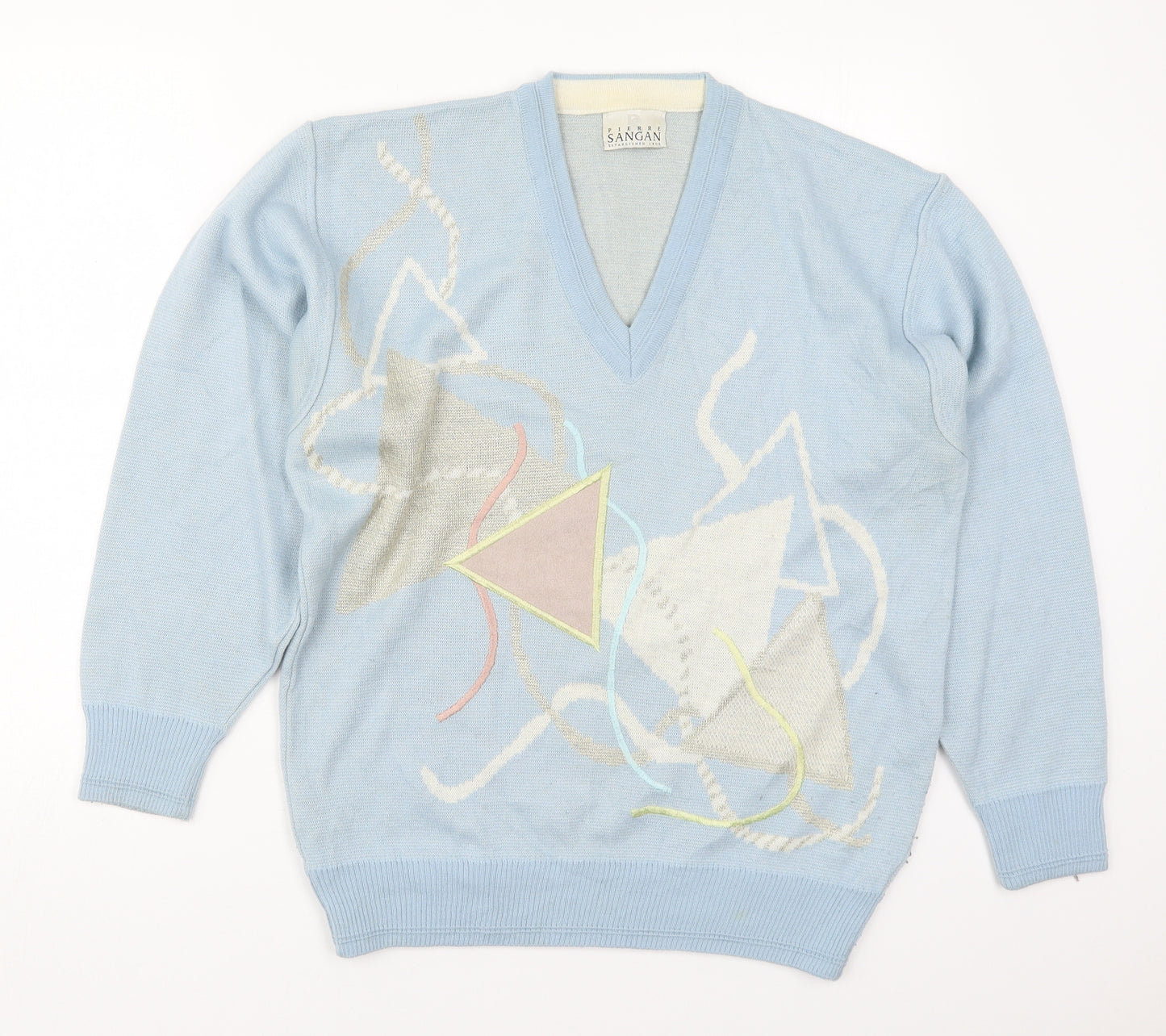 Pierre Sangan Mens Blue V-Neck  Acrylic Pullover Jumper Size M   - Abstract