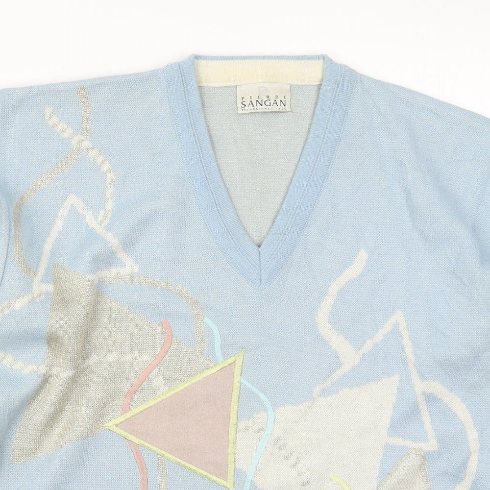 Pierre Sangan Mens Blue V-Neck  Acrylic Pullover Jumper Size M   - Abstract