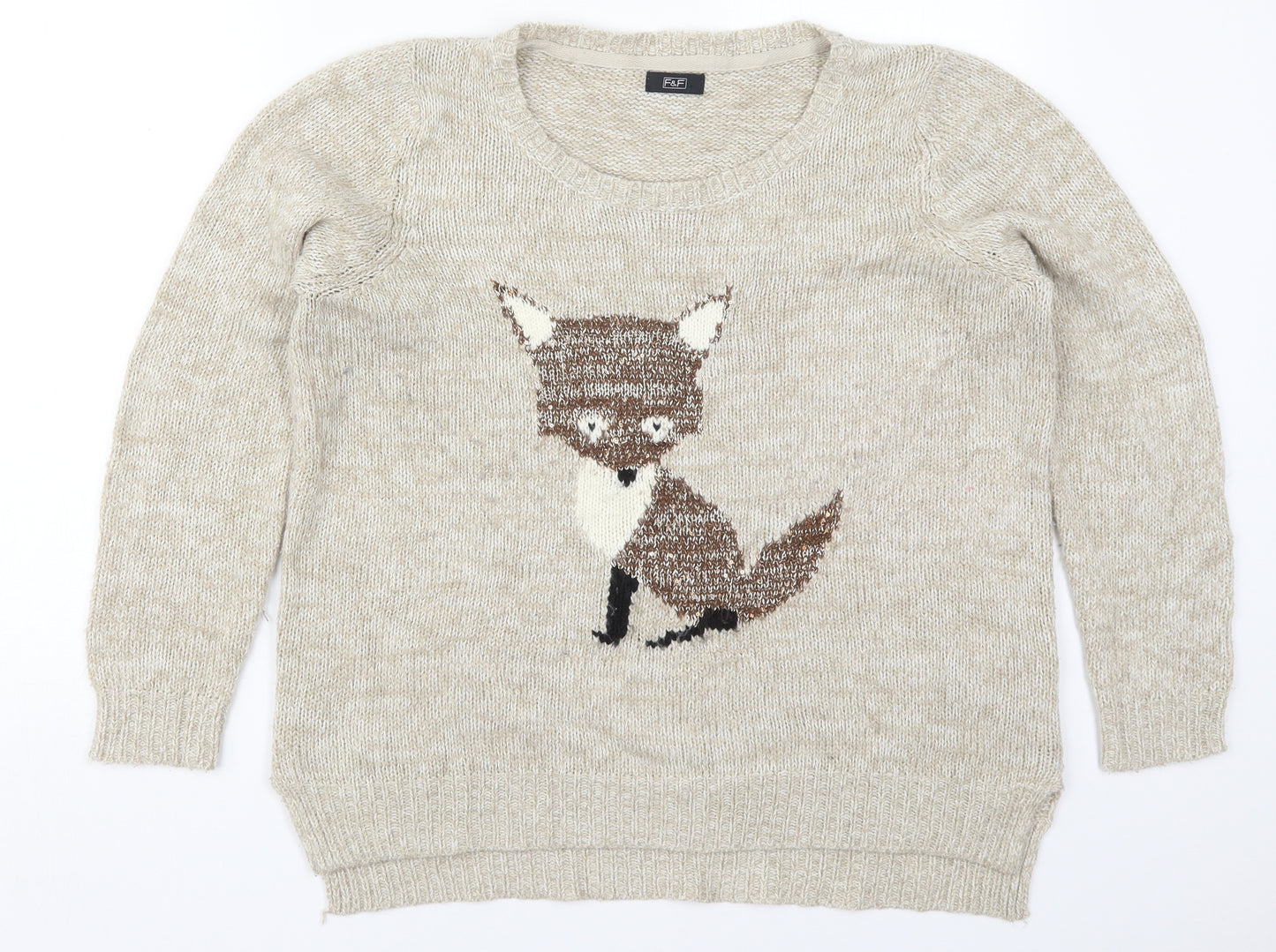 F&F Womens Beige Round Neck  Acrylic Pullover Jumper Size 16   - Fox