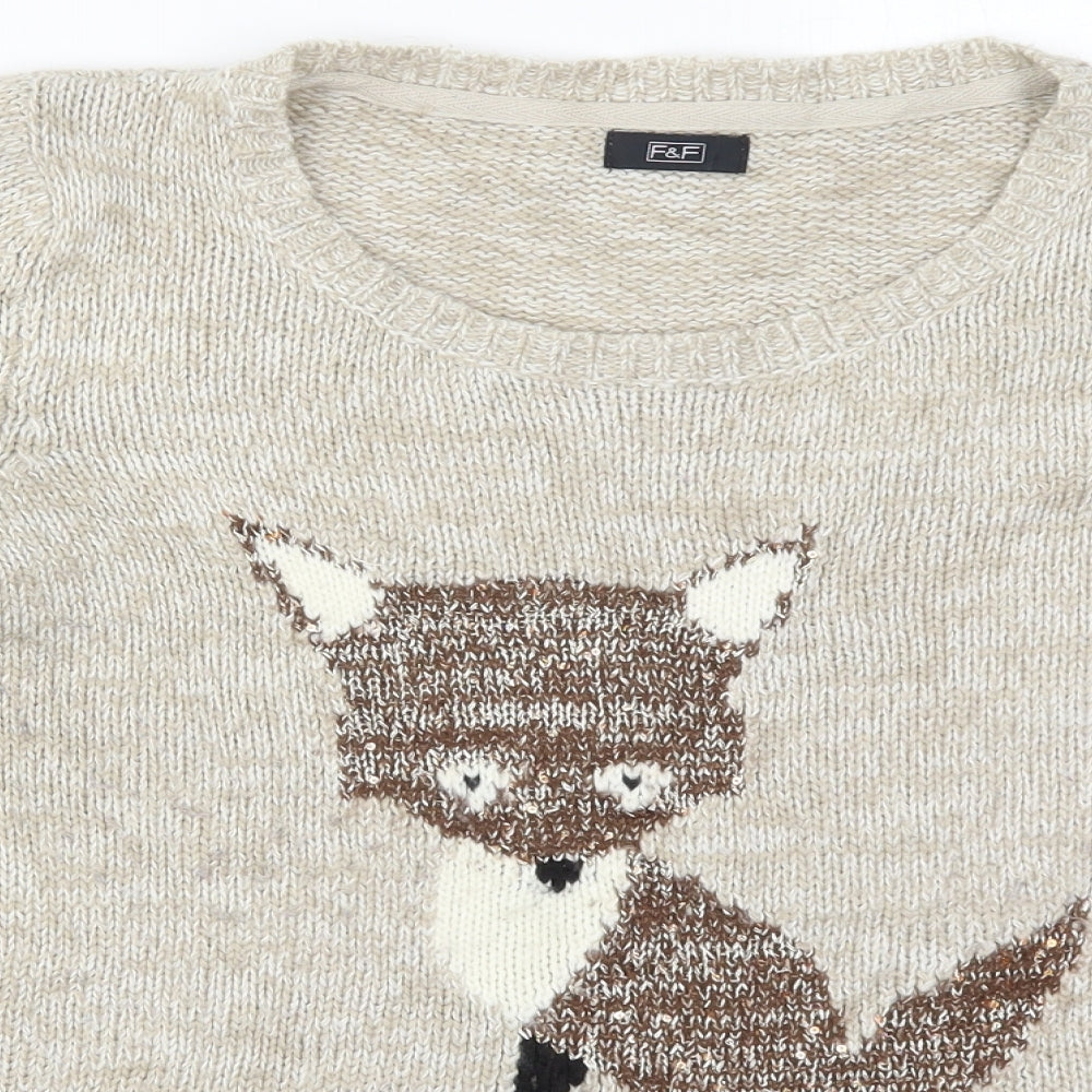 F&F Womens Beige Round Neck  Acrylic Pullover Jumper Size 16   - Fox