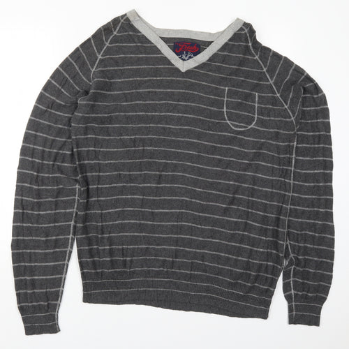 Fresh Mens Grey V-Neck Striped Cotton Pullover Jumper Size 2XL