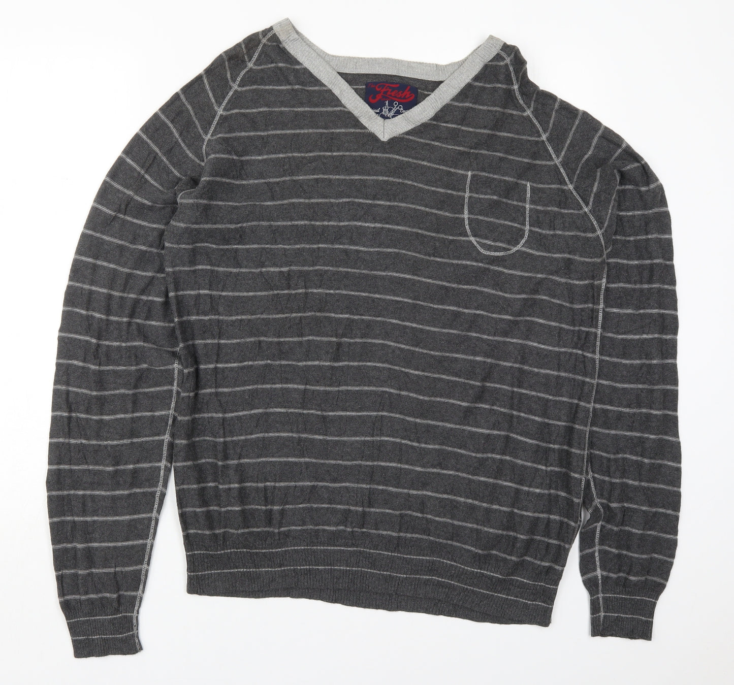 Fresh Mens Grey V-Neck Striped Cotton Pullover Jumper Size 2XL