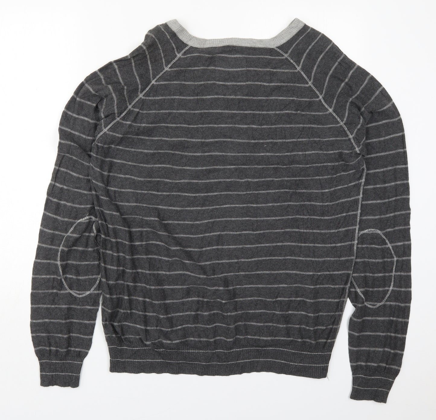 Fresh Mens Grey V-Neck Striped Cotton Pullover Jumper Size 2XL