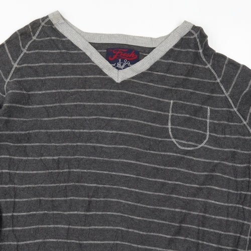 Fresh Mens Grey V-Neck Striped Cotton Pullover Jumper Size 2XL