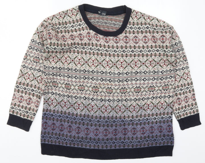 Sparkle & Fade Womens Beige Round Neck Geometric Acrylic Pullover Jumper Size S - Blue