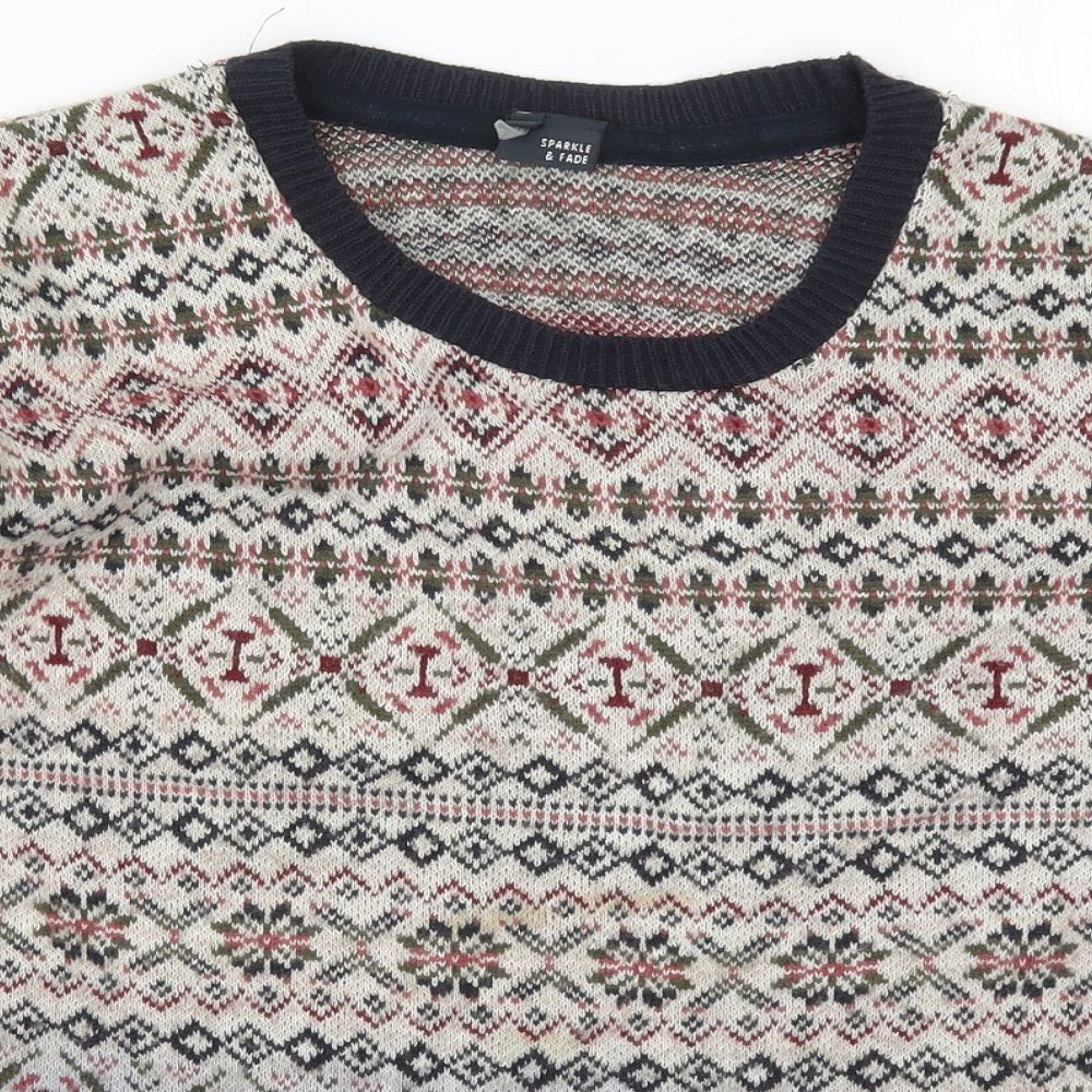 Sparkle & Fade Womens Beige Round Neck Geometric Acrylic Pullover Jumper Size S   - Blue