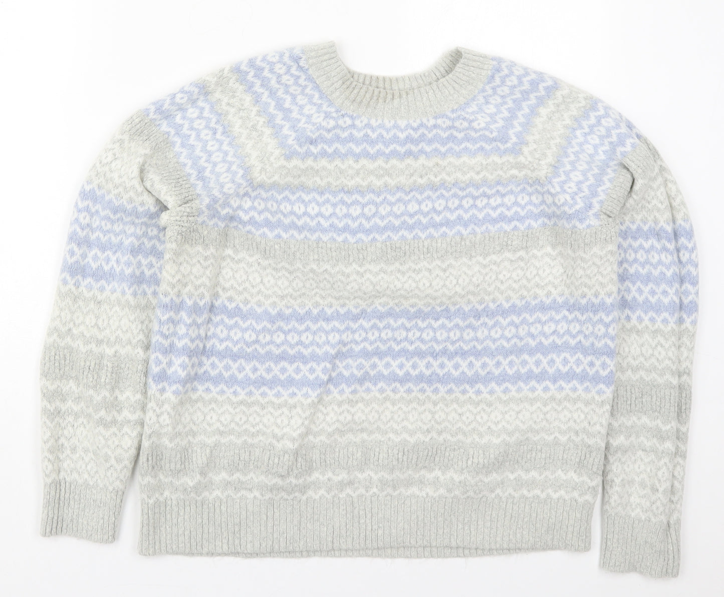Mantaray Womens Grey Round Neck Striped Acrylic Pullover Jumper Size 12   - Blue