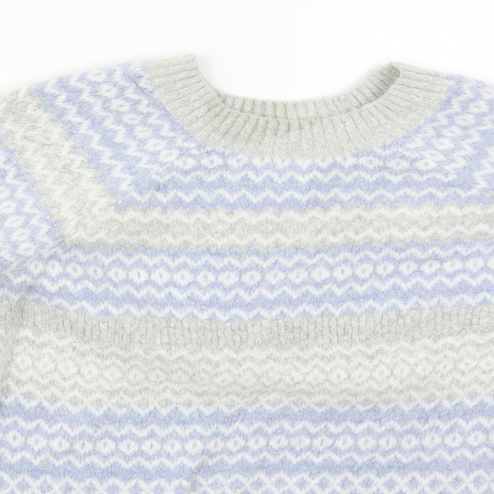 Mantaray Womens Grey Round Neck Striped Acrylic Pullover Jumper Size 12   - Blue