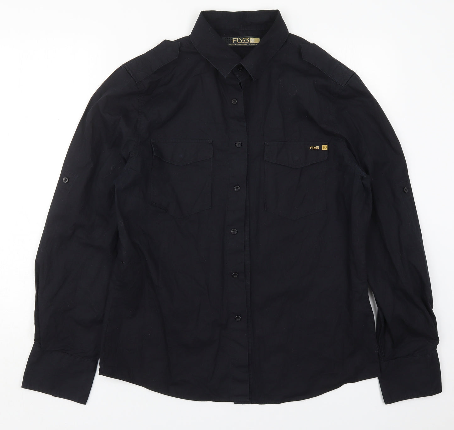 FLY53 Mens Black  Cotton  Button-Up Size L V-Neck Button
