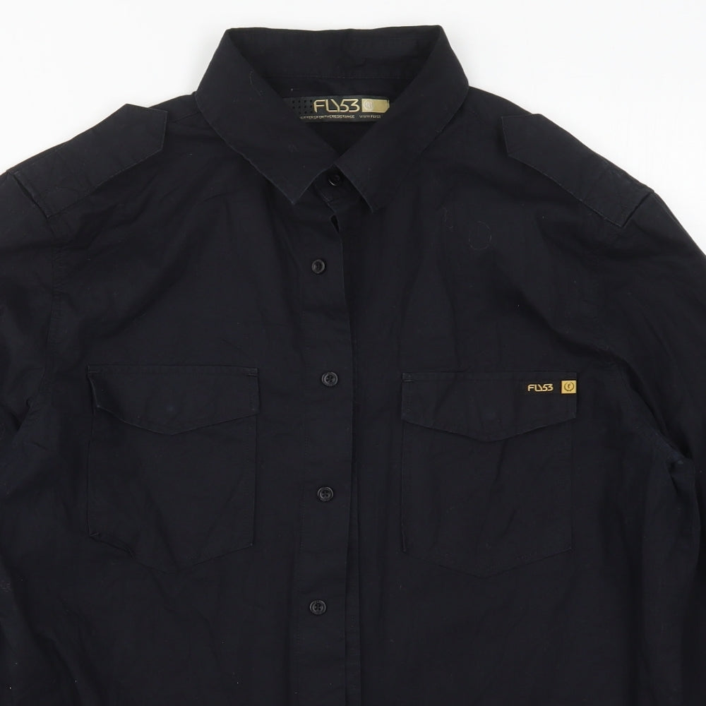 FLY53 Mens Black  Cotton  Button-Up Size L V-Neck Button