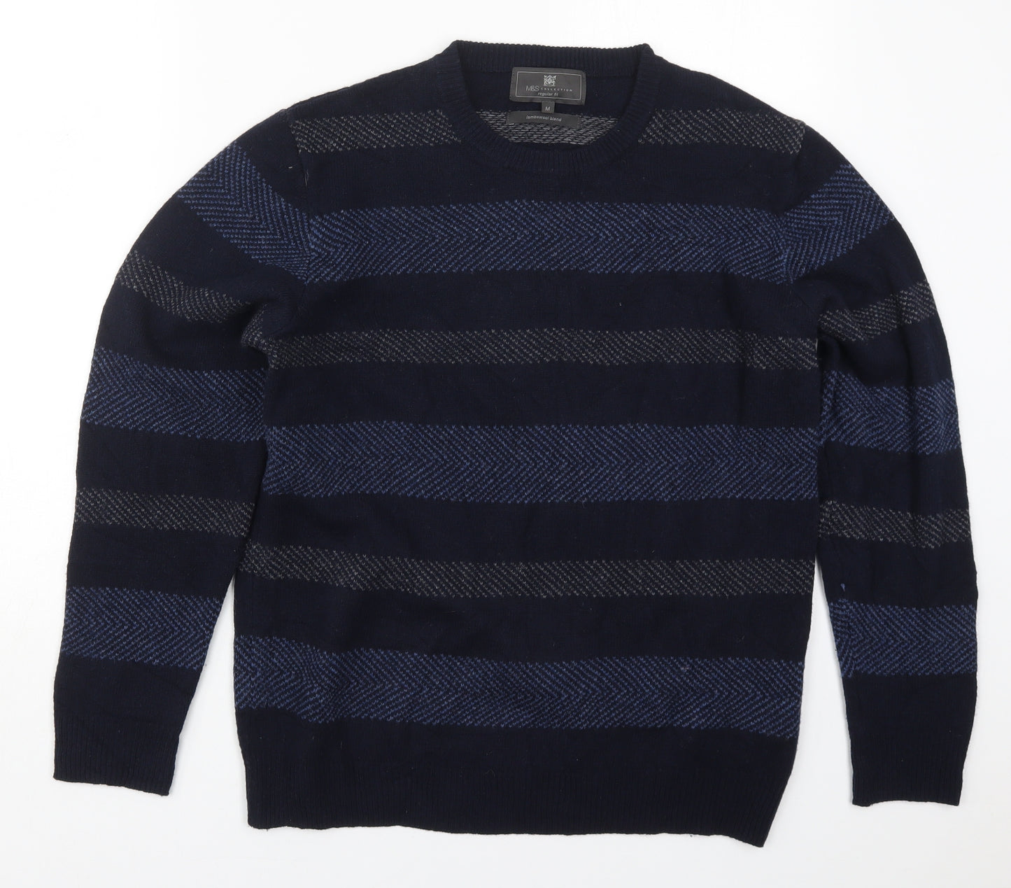 Marks and Spencer Mens Blue Round Neck Striped Wool Pullover Jumper Size M