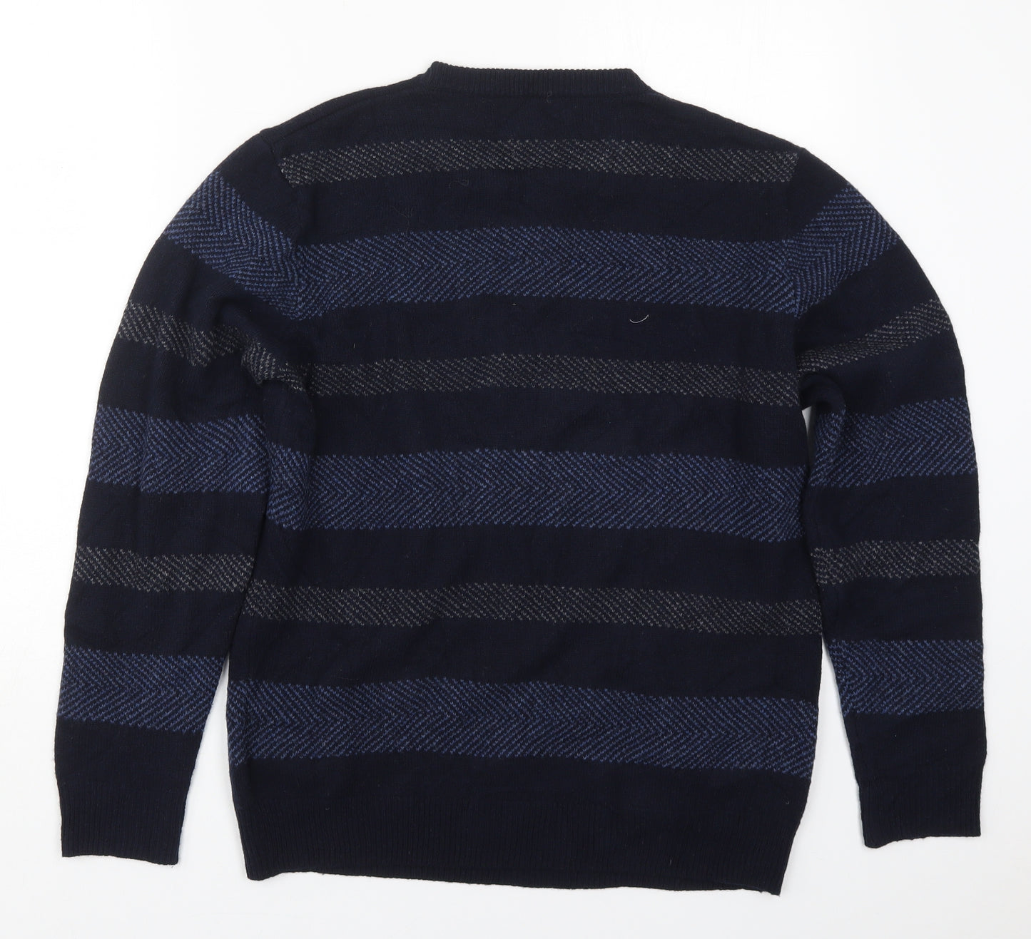 Marks and Spencer Mens Blue Round Neck Striped Wool Pullover Jumper Size M