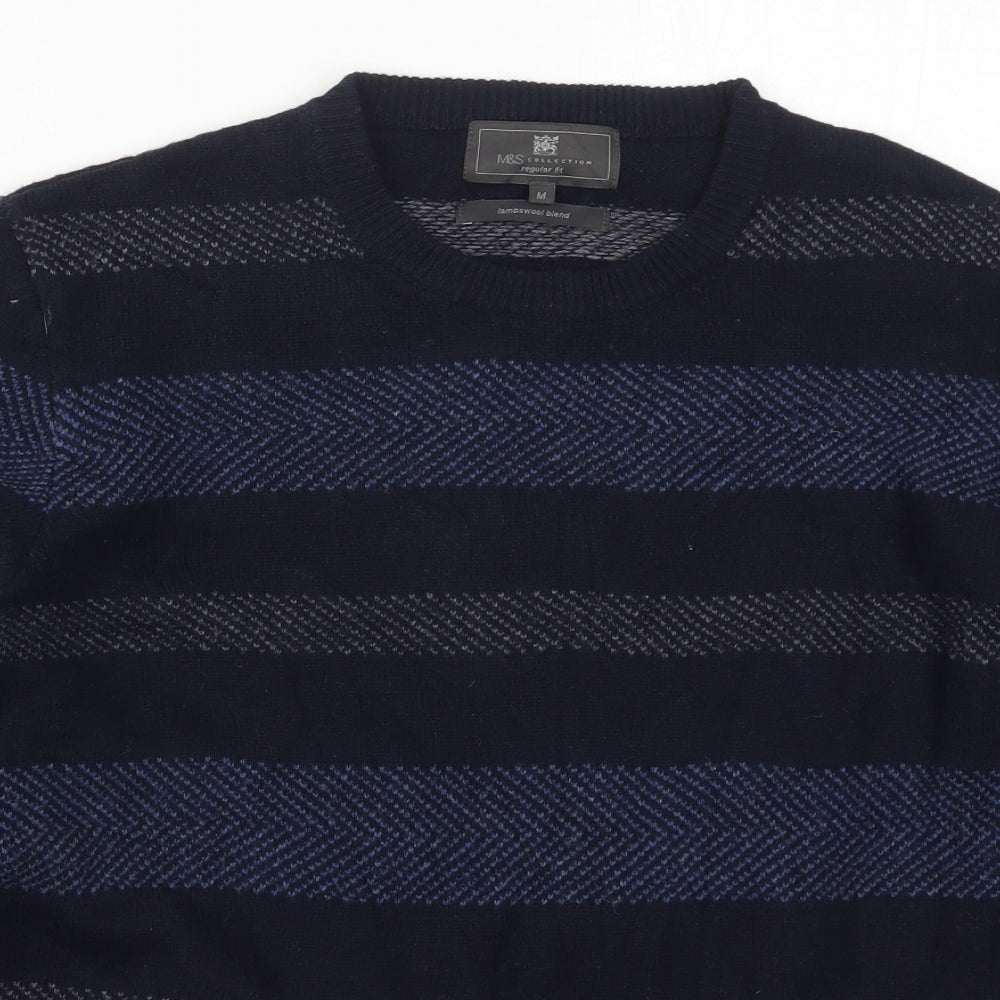Marks and Spencer Mens Blue Round Neck Striped Wool Pullover Jumper Size M