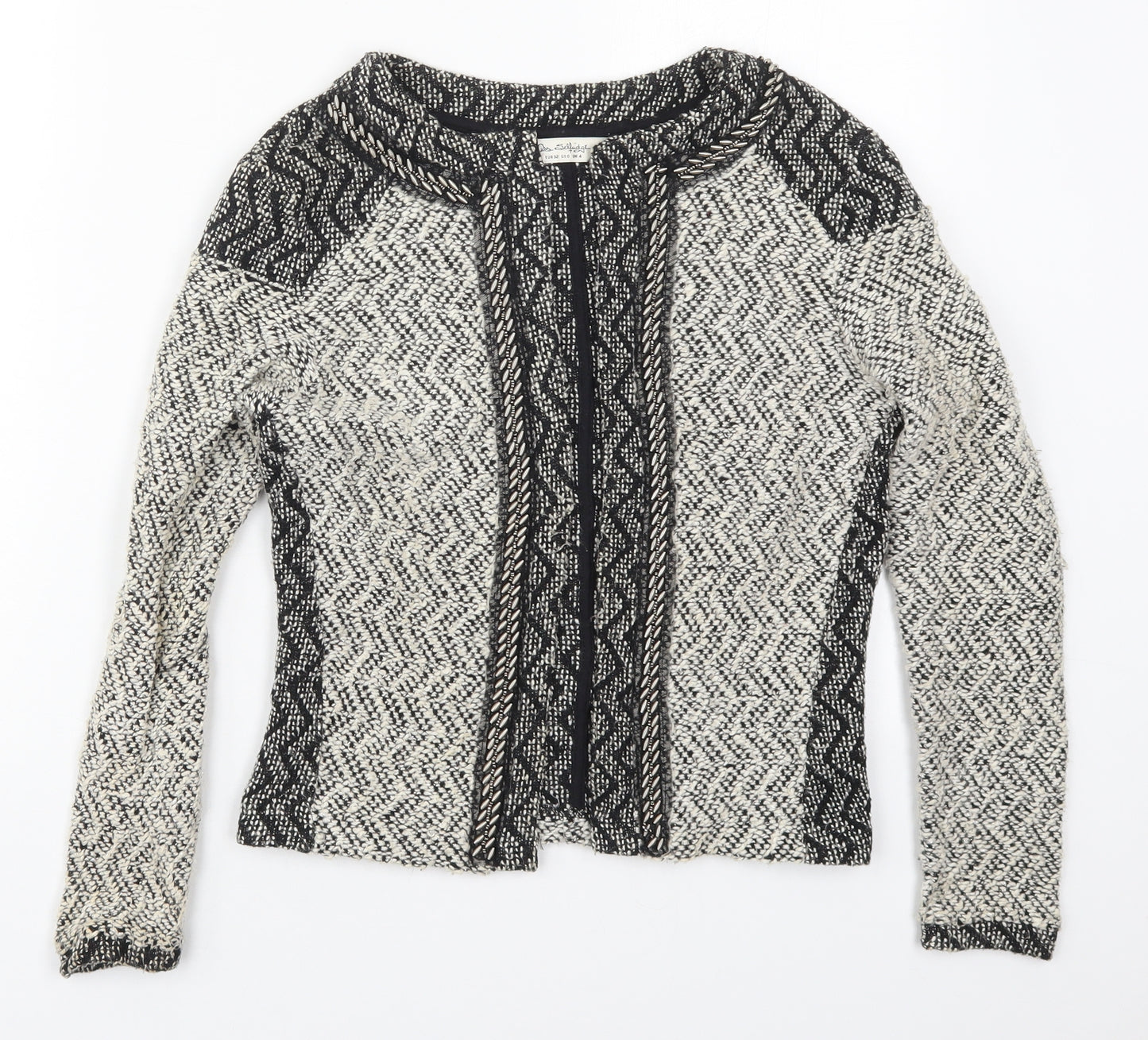 Miss Selfridge Womens Grey Round Neck Geometric Cotton Cardigan Jumper Size 4