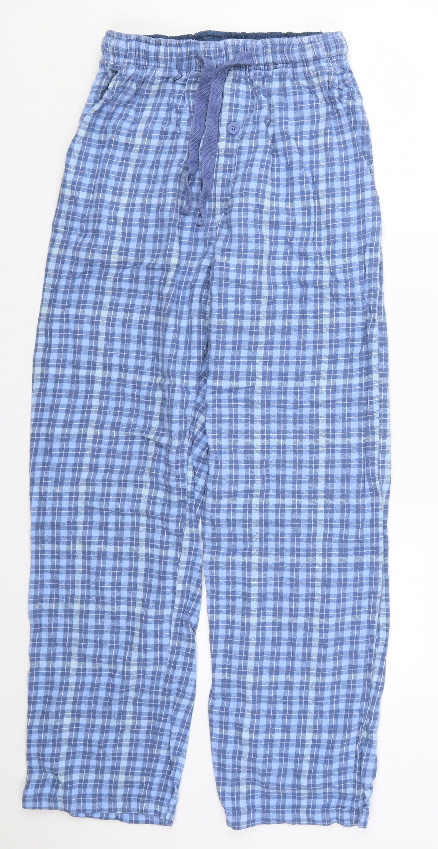 Dunnes Womens Blue Check Cotton Trousers  Size S L27 in Regular Drawstring - Pyjama Pants