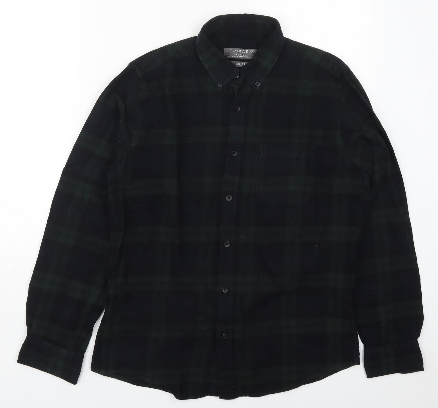Primark Mens Green Check Cotton  Button-Up Size M Collared Button
