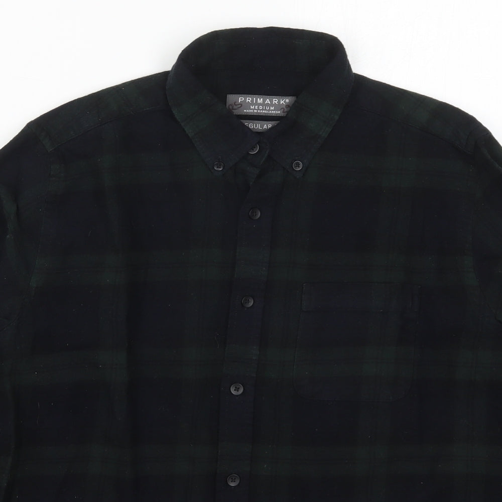 Primark Mens Green Check Cotton  Button-Up Size M Collared Button